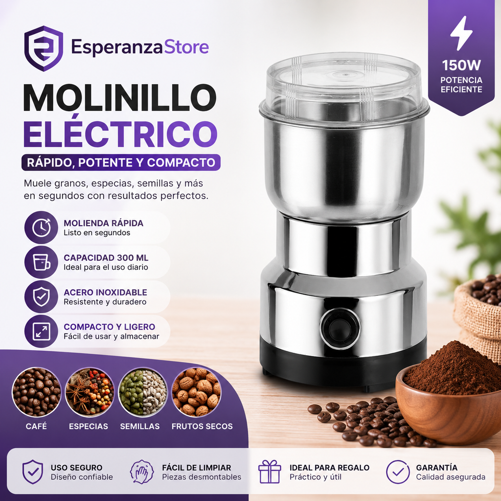 Molino Eléctrico 150W, Café Fresco y Especias en Segundos