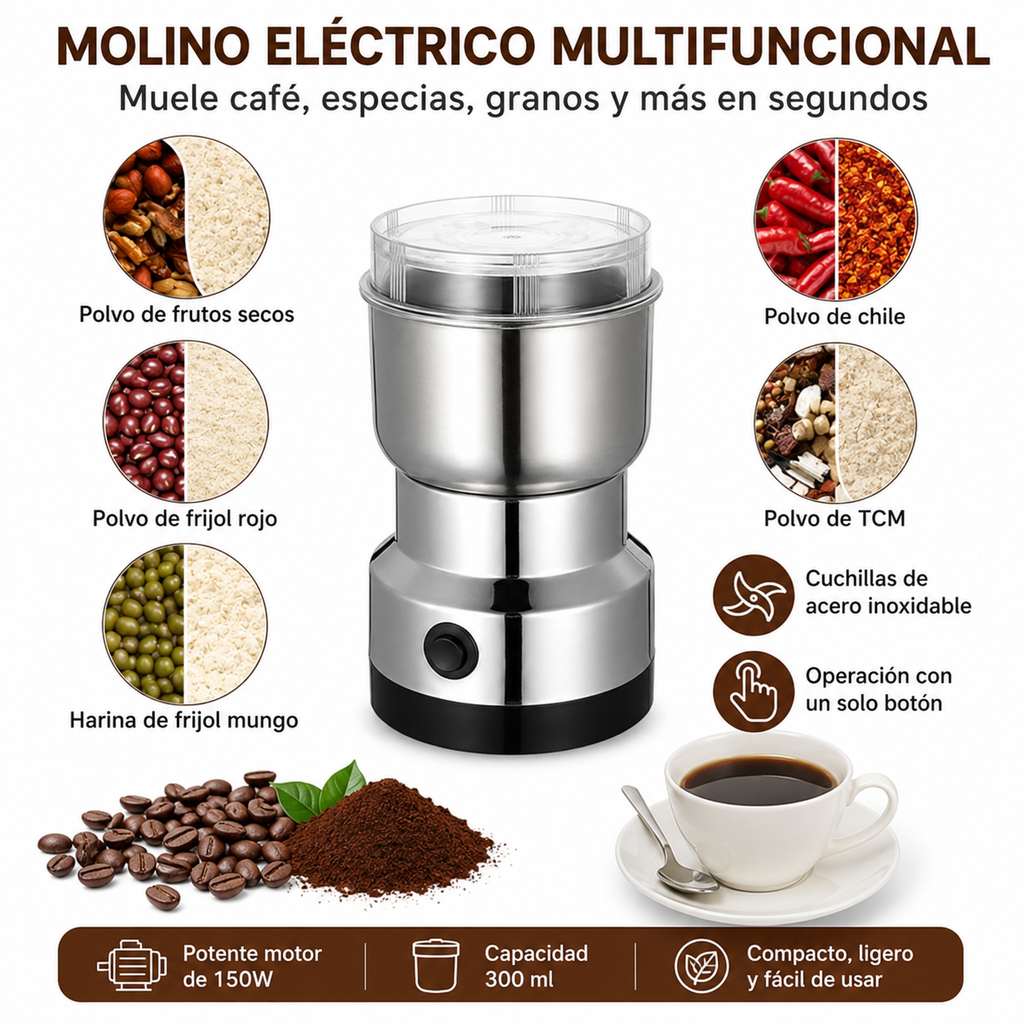 Molino Eléctrico 150W, Café Fresco y Especias en Segundos