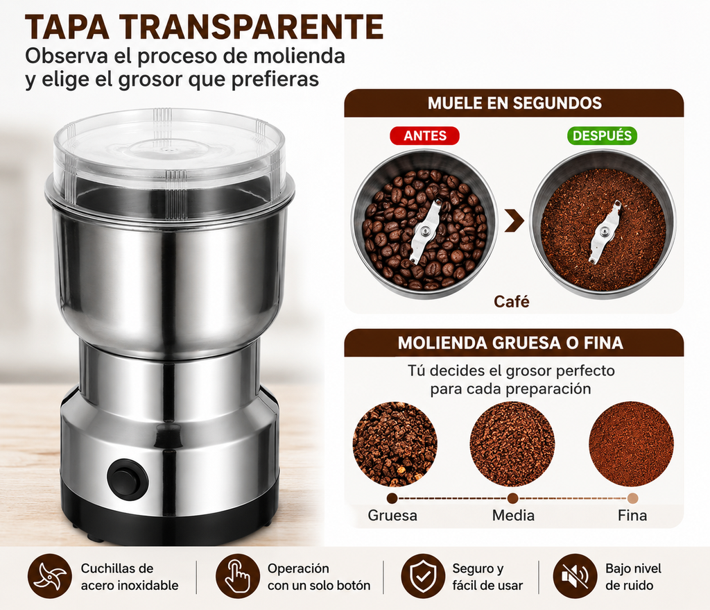 Molino Eléctrico 150W, Café Fresco y Especias en Segundos