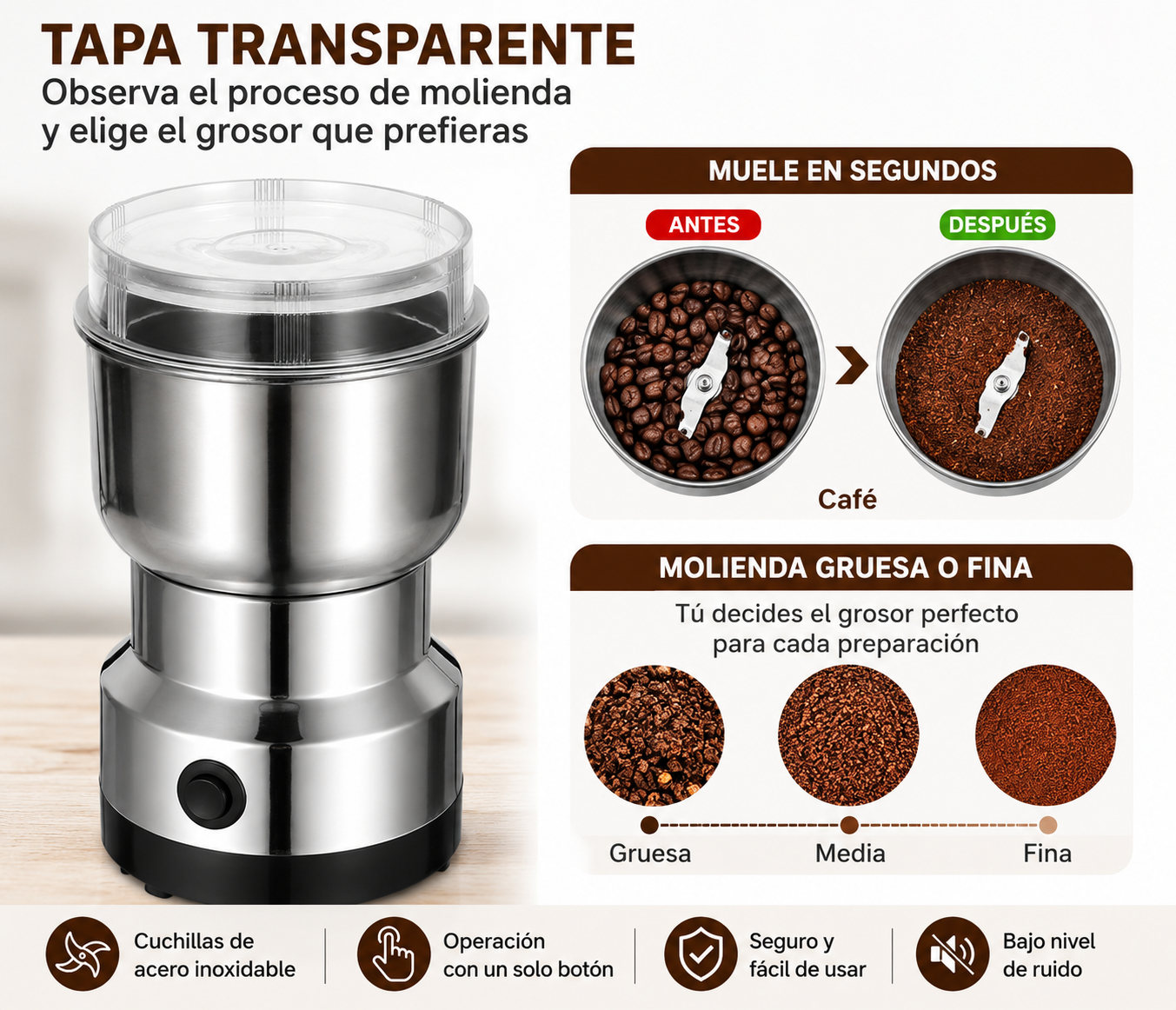 Molino Eléctrico 150W, Café Fresco y Especias en Segundos