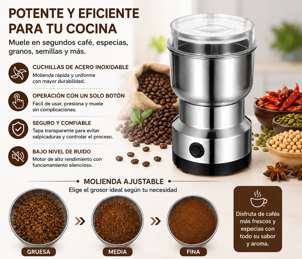Molino Eléctrico 150W, Café Fresco y Especias en Segundos