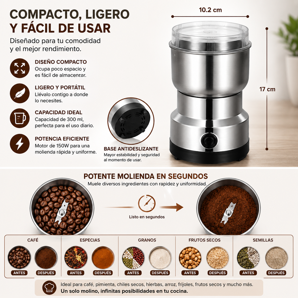 Molino Eléctrico 150W, Café Fresco y Especias en Segundos